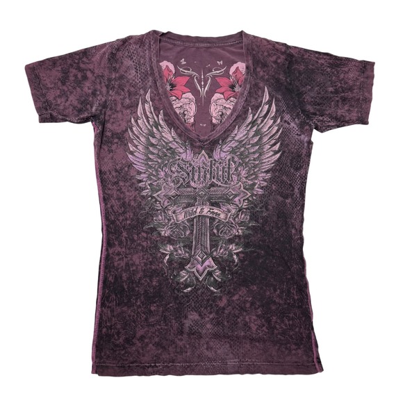 Sinful by Affliction United Reversible Tshirt Women's Size Large V-neck Eggplant - Picture 1 of 8